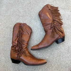 Vintage USA Brown Soft Genuine Leather Pointed Toe Fringe Western Boots Size 6.5